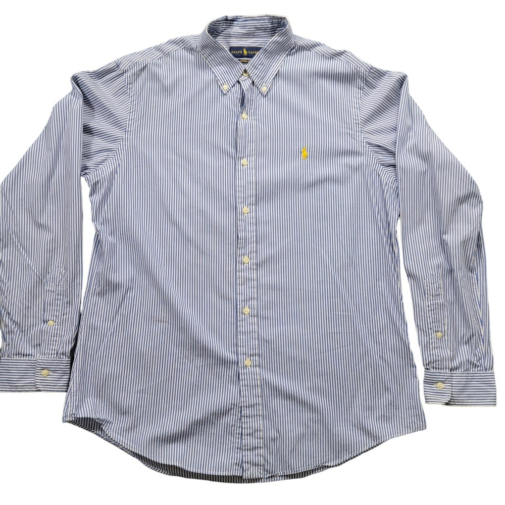 Ralph Lauren Shirt Large Blue White Striped Classic‎ Oxoford Yellow Pony Logo